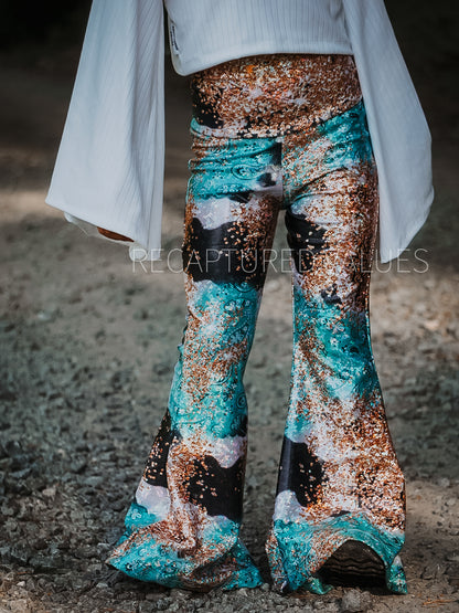 Lainey Wilson Inspired, Baby, Toddler, Kids Sized Iridescent Cowhide, Blue Paisley Bandana, and Gold Glitter Print Flared Bell Bottom Outfit