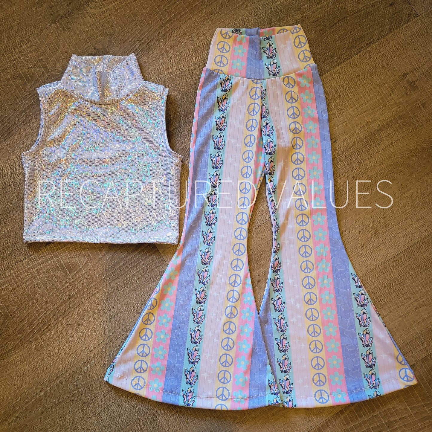 Lainey Wilson Taylor Swift Eras Toddler Kids Sized Outfit Hippie Print Flared Bell Bottoms and Holographic Mock Neck Tank 2 Piece Outfit