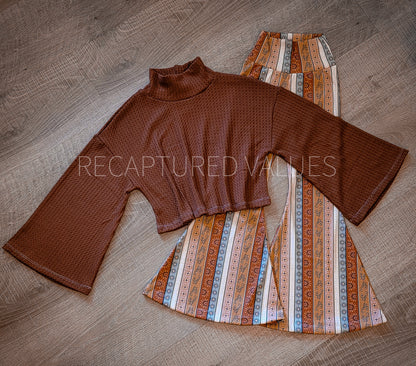 Cozy Boho Groovy Toddler Kids Sized Outfit Hippie Flared Bell Bottoms and Rust Mock Neck Sweater 2 Piece Outfit