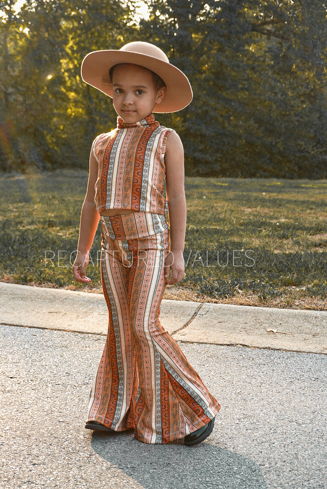 Boho Groovy Toddler Kids Sized Outfit Hippie Flared Bell Bottoms and Mock Neck Tank 2 Piece Outfit
