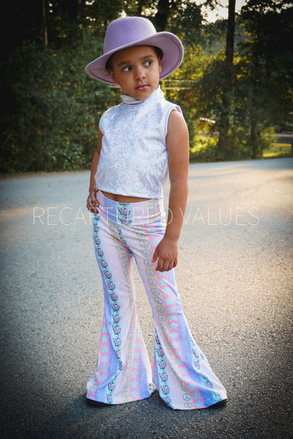 Lainey Wilson Taylor Swift Eras Toddler Kids Sized Outfit Hippie Print Flared Bell Bottoms and Holographic Mock Neck Tank 2 Piece Outfit