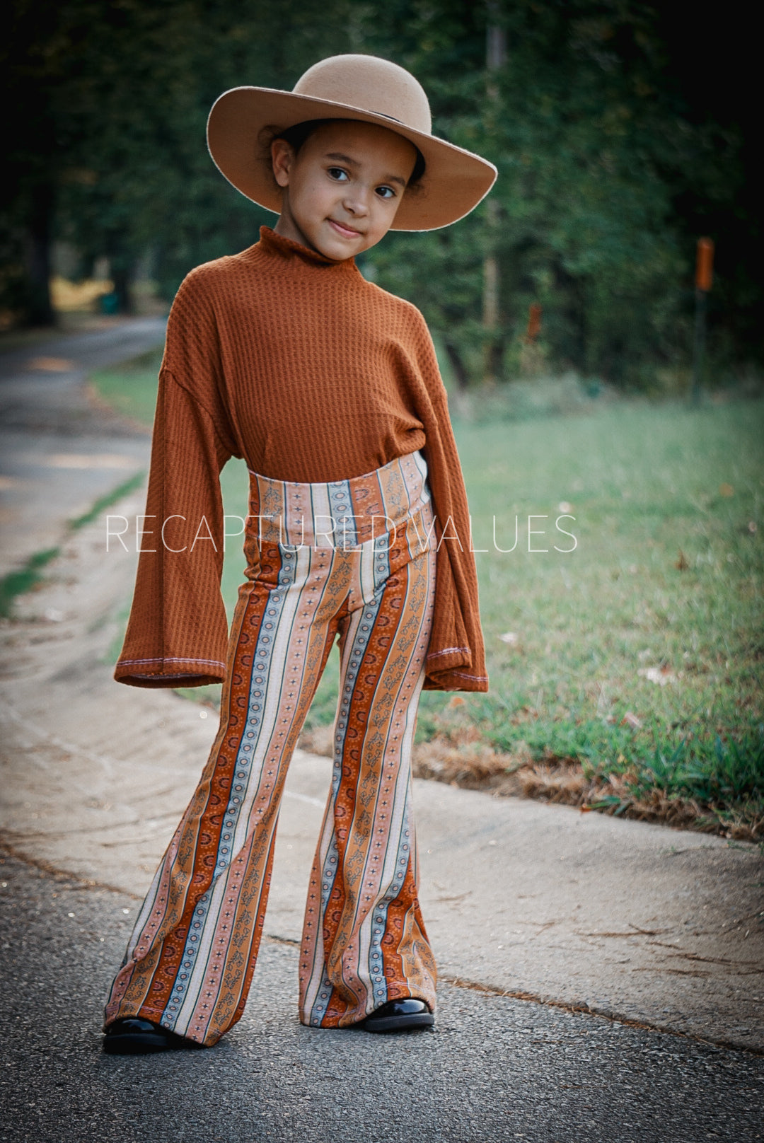 Cozy Boho Groovy Toddler Kids Sized Outfit Hippie Flared Bell Bottoms and Rust Mock Neck Sweater 2 Piece Outfit