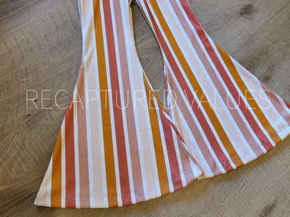 Marsala Sunset Groovy Retro Hippie Stripe Flared Bell Bottoms for Baby & Toddler Girls, Marsala, Nude, Cream Colors