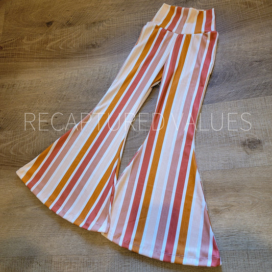 Marsala Sunset Groovy Retro Hippie Stripe Flared Bell Bottoms for Baby & Toddler Girls, Marsala, Nude, Cream Colors