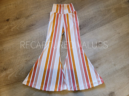 Marsala Sunset Groovy Retro Hippie Stripe Flared Bell Bottoms for Baby & Toddler Girls, Marsala, Nude, Cream Colors