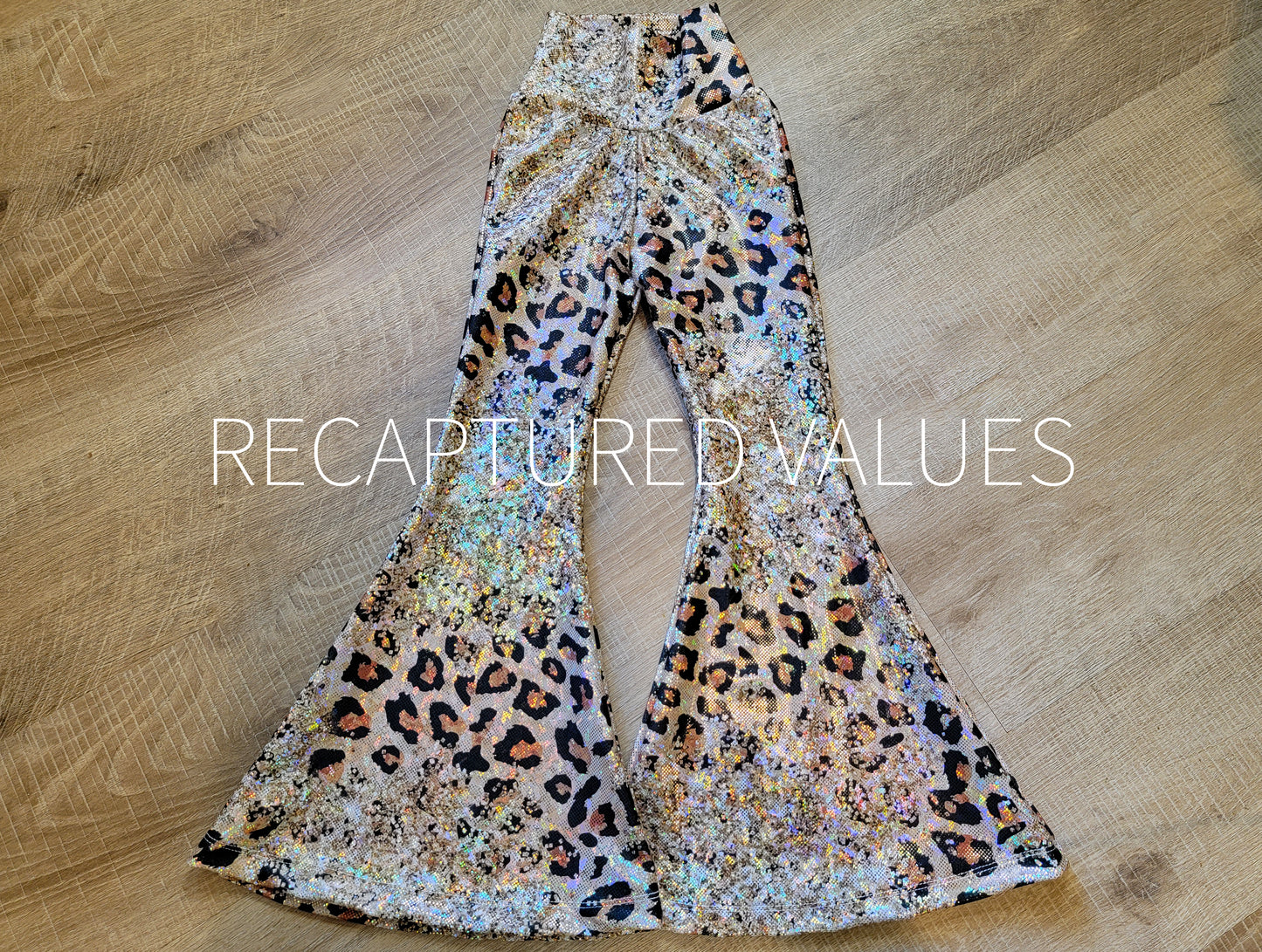 Hippie Iridescent Cheetah Print, Gold Glitter Print Flared Bell Bottoms for Baby & Toddler Girls, Lainey Wilson Inspired