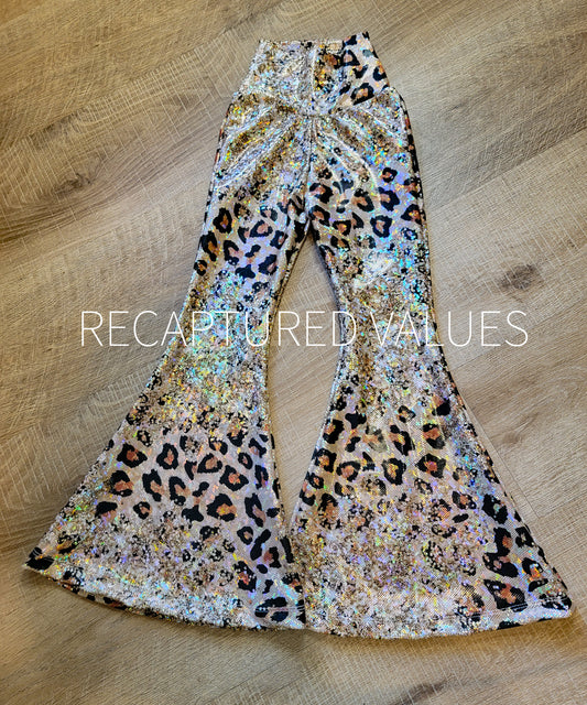 Hippie Iridescent Cheetah Print, Gold Glitter Print Flared Bell Bottoms for Baby & Toddler Girls, Lainey Wilson Inspired