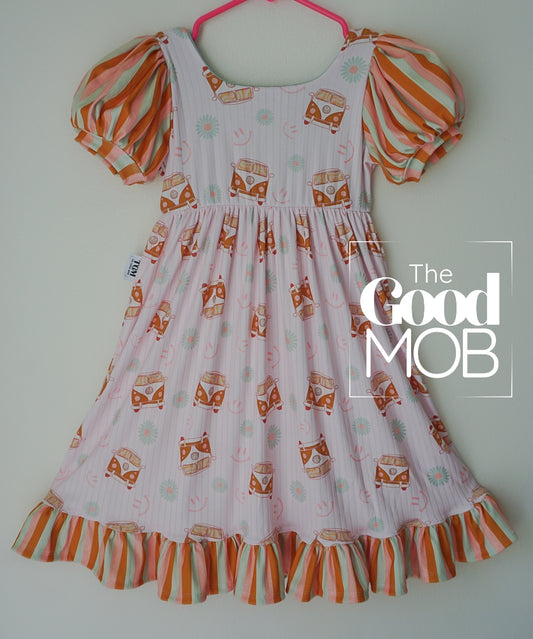 Handmade Retro Bus Dress for Girls – Puff Sleeve Twirl Dress with Striped Ruffle Hem | 70s Vibe Kids Clothing | The Good Mob