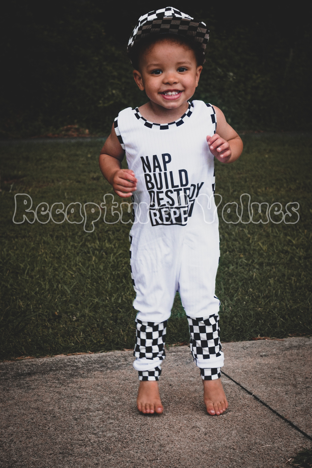 Nap, Build, Destroy, Repeat Handmade Children's Boy Tank Romper - Step-In Neck Design | Checker Print & Witty Motif - Recaptured Values