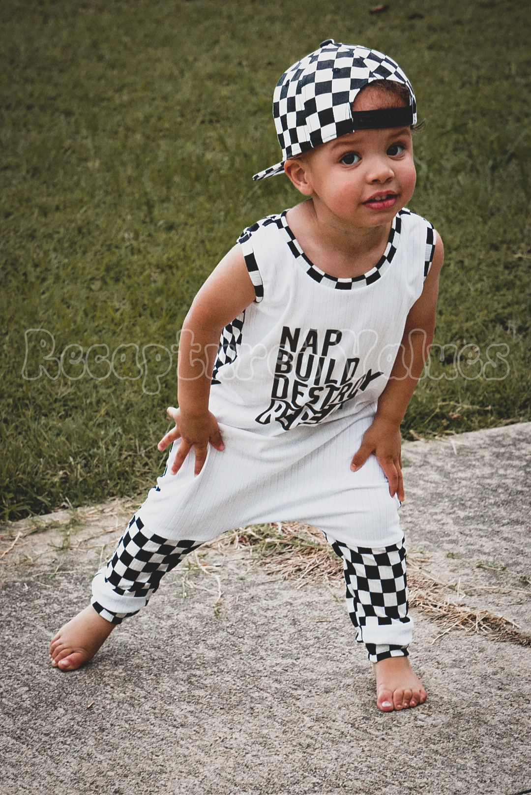 Nap, Build, Destroy, Repeat Handmade Children's Boy Tank Romper - Step-In Neck Design | Checker Print & Witty Motif - Recaptured Values