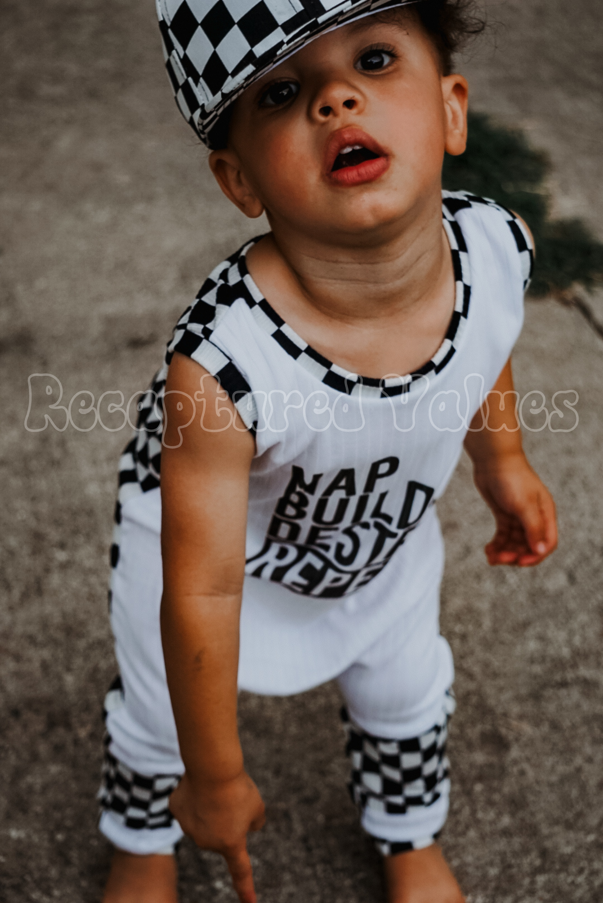 Nap, Build, Destroy, Repeat Handmade Children's Boy Tank Romper - Step-In Neck Design | Checker Print & Witty Motif - Recaptured Values