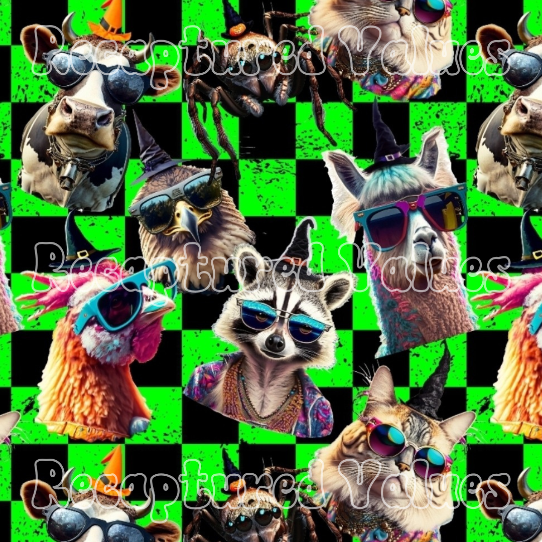 Witchy Party Animals Black and Lime Green Checkers PNG Seamless Pattern Design // Recaptured Values