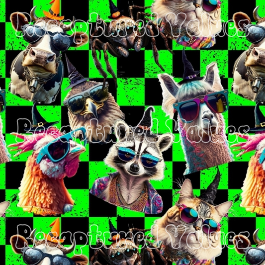 Witchy Party Animals Black and Lime Green Checkers PNG Seamless Pattern Design // Recaptured Values